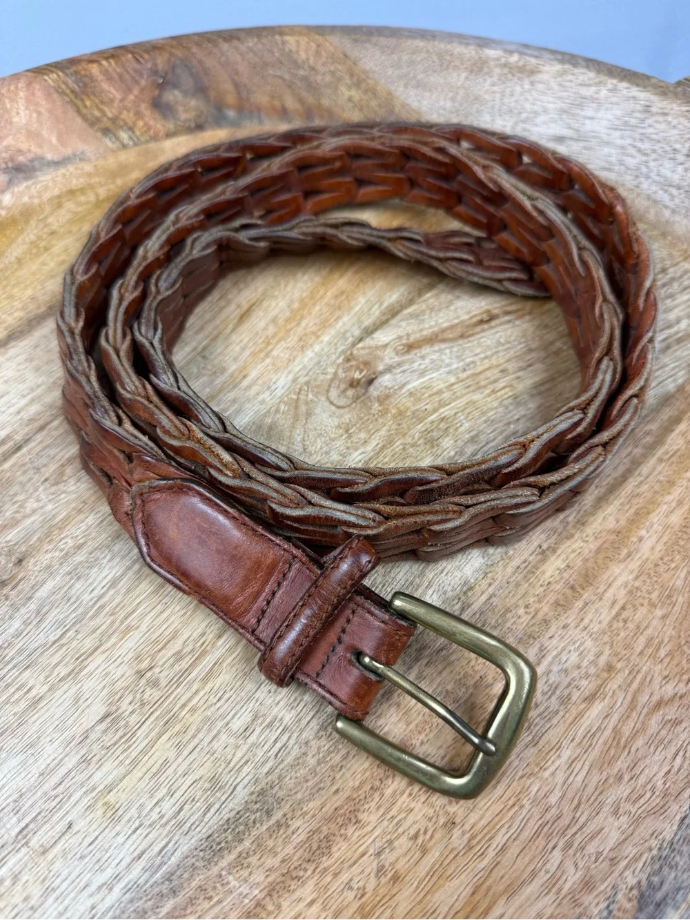 Vintage Brown Woven Leather Belt Size 42 Solid Brass Buckle